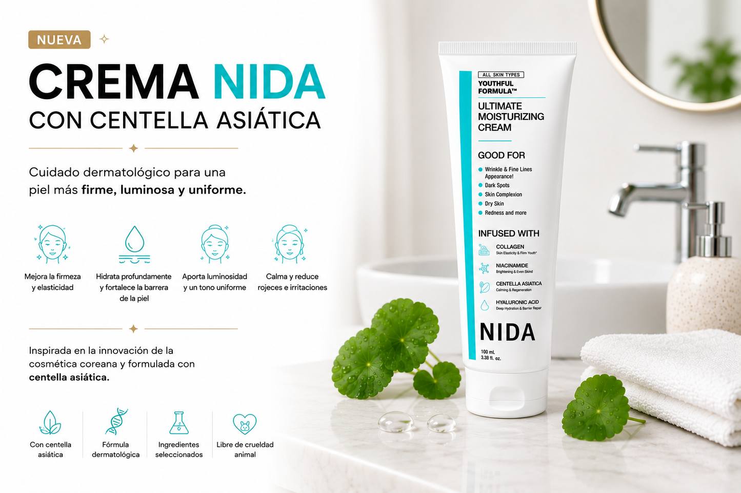 CREMA NIDA CON CENTELLA ASIATICA - REDUCE VISIBLEMENTE LAS ARRUGAS, TU PIEL MÁS FIRME, LUMINOSA Y REJUVENECIDA.